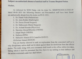 DAK president among 10 doctors found absent from their duties in Pattan